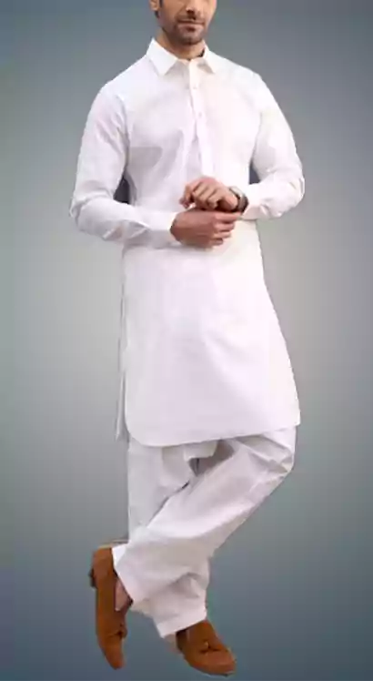 White kurta pajama style with collar for men