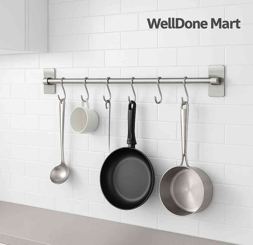 Multipurpose Stainless Steel Kitchen Hanger - Wall Mountable with 6 Hooks