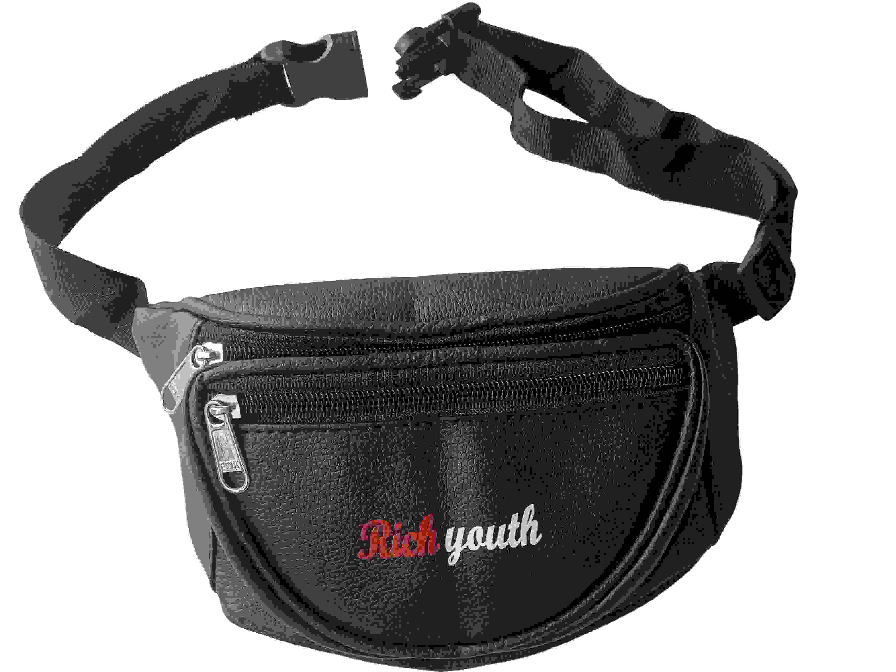 Sleek Black "Rich Youth" Waist Bag with Zip Pockets