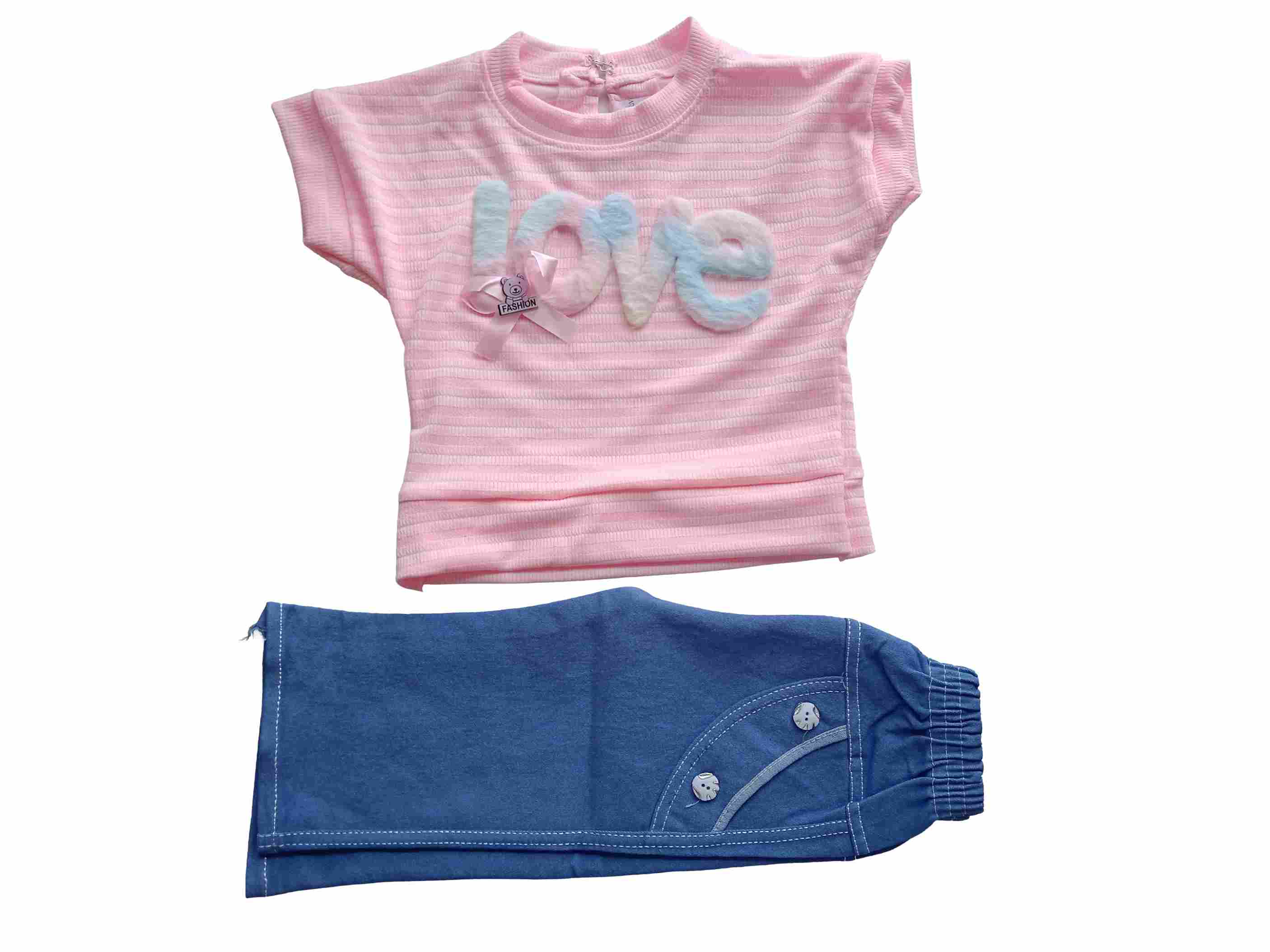 Stylish Baby Girls' Love Print Tee and Casual Denim Pant Combo