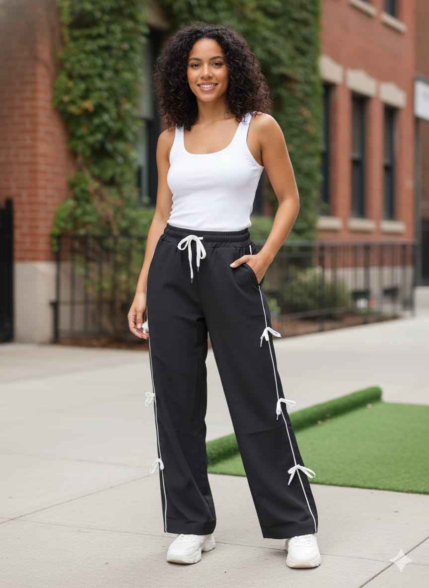 Stylish Multicolor Wide Leg Track Pants with White Drawstring & Side Tie Details